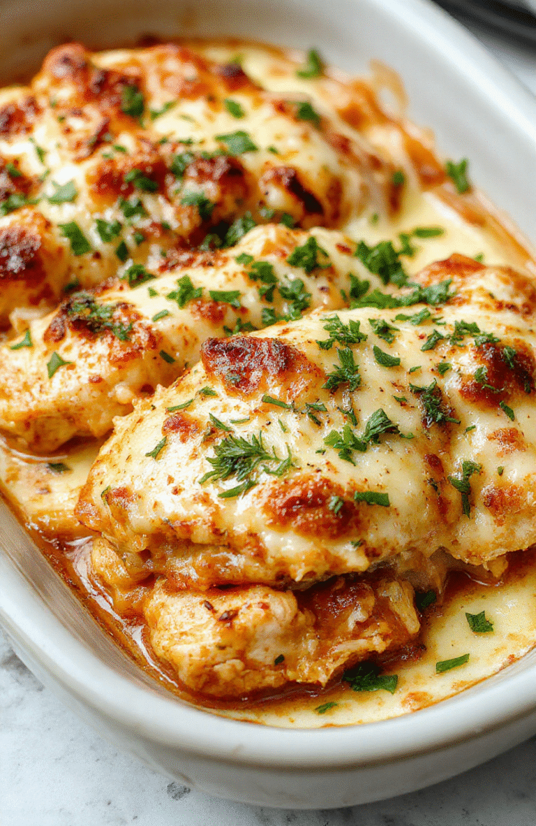 A vibrant chicken parmesan casserole in a ceramic baking dish, topped with melted cheese, crispy breadcrumb topping, garnished with fresh basil, with steam rising, colorful ingredients visible, styled simply on a neutral countertop