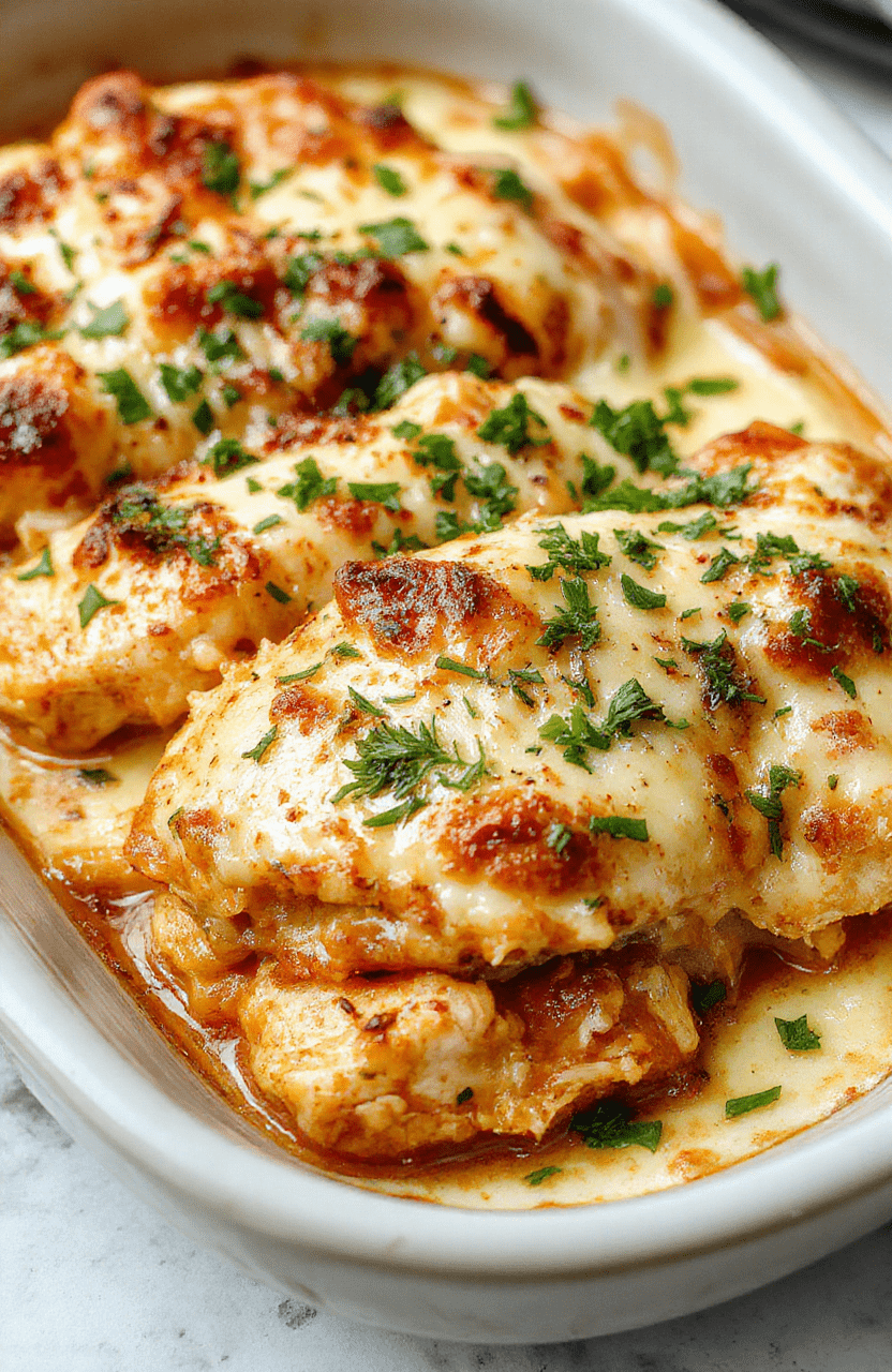 A vibrant chicken parmesan casserole in a ceramic baking dish, topped with melted cheese, crispy breadcrumb topping, garnished with fresh basil, with steam rising, colorful ingredients visible, styled simply on a neutral countertop