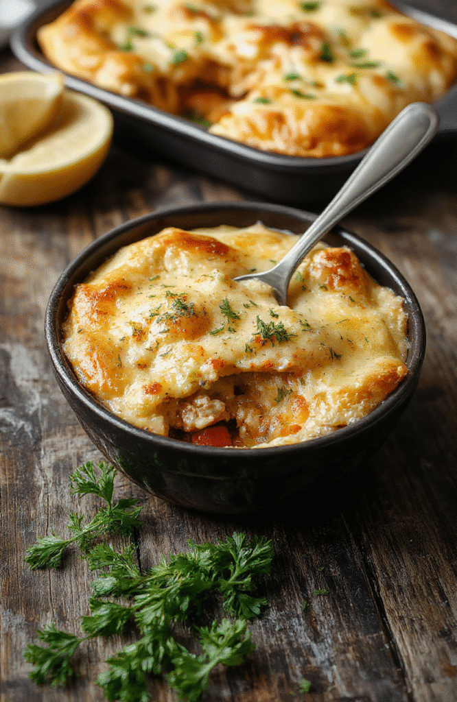 A vibrant, golden-brown crustless chicken pot pie served in a rustic white bowl, garnished with fresh herbs. The pie is filled with tender chunks of chicken, colorful vegetables, and a creamy sauce, with steam rising gently. The dish is styled on a light wooden table with natural lighting emphasizing the warm colors and textures of the ingredients.