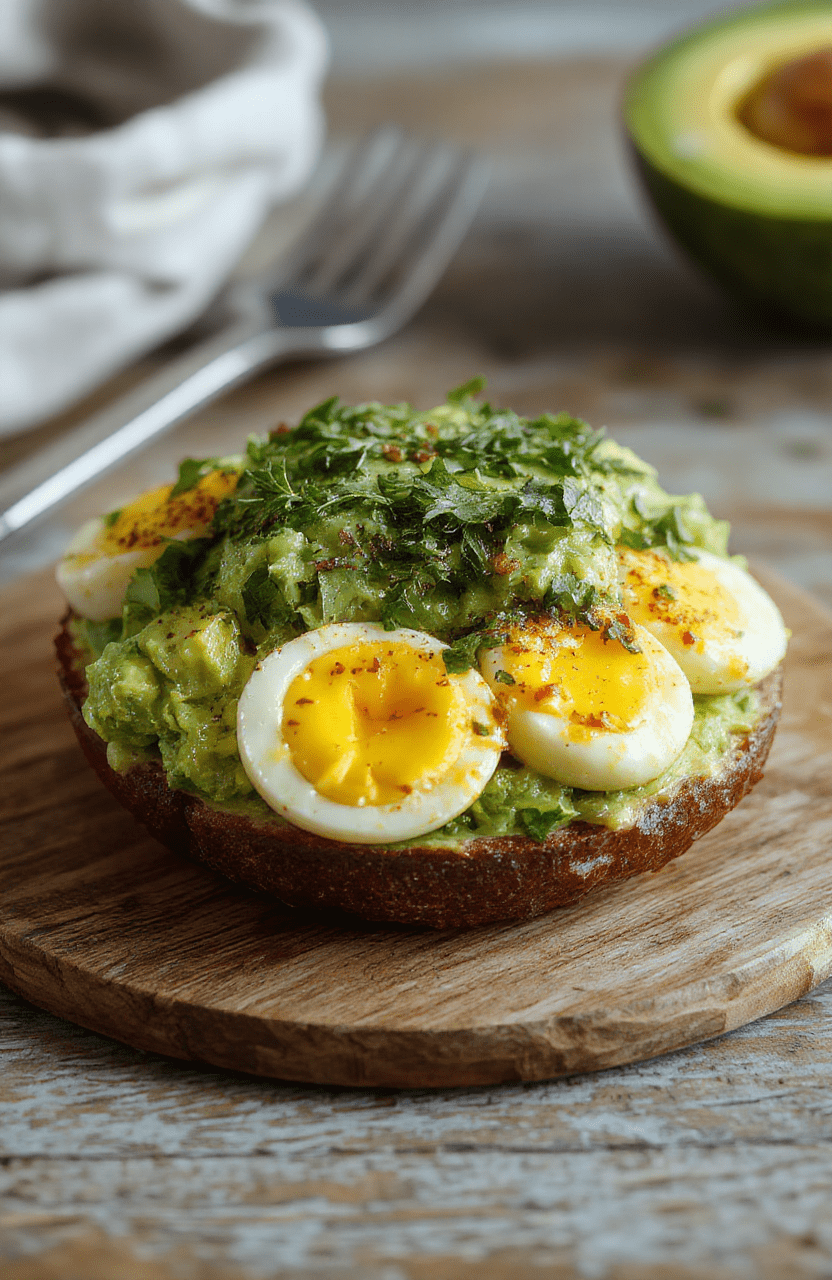 Colorful high-protein egg avocado salad plated in a white bowl with slices of avocado, halved boiled eggs, cherry tomatoes, leafy greens, drizzled with olive oil, and sprinkled with herbs, set on a rustic wooden table with natural light highlighting the fresh textures and vibrant colors.