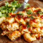 A vibrant plate of creamy mac and cheese topped with tender BBQ chicken pieces, drizzled with honey BBQ sauce, garnished with fresh herbs, styled on a rustic wooden table with colorful background.