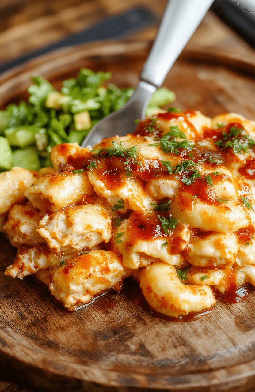 A vibrant plate of creamy mac and cheese topped with tender BBQ chicken pieces, drizzled with honey BBQ sauce, garnished with fresh herbs, styled on a rustic wooden table with colorful background.