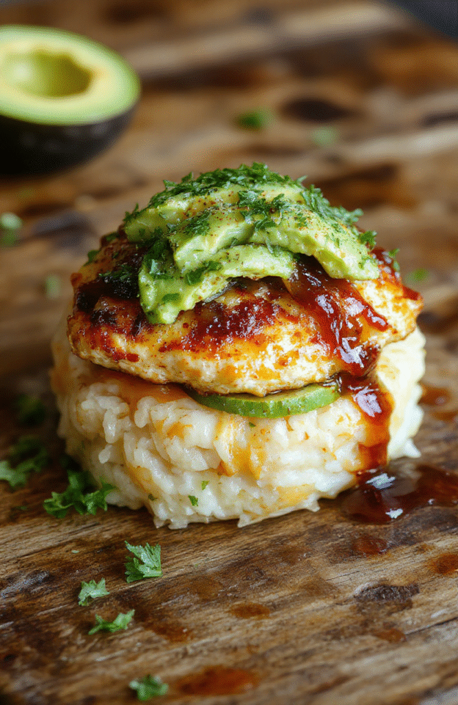 A vibrant plate featuring a perfectly layered stack of honey lime grilled chicken, creamy avocado slices, and fluffy rice, garnished with fresh lime and cilantro, all presented in a clean, modern style with bright lighting highlighting the fresh ingredients and colorful presentation.