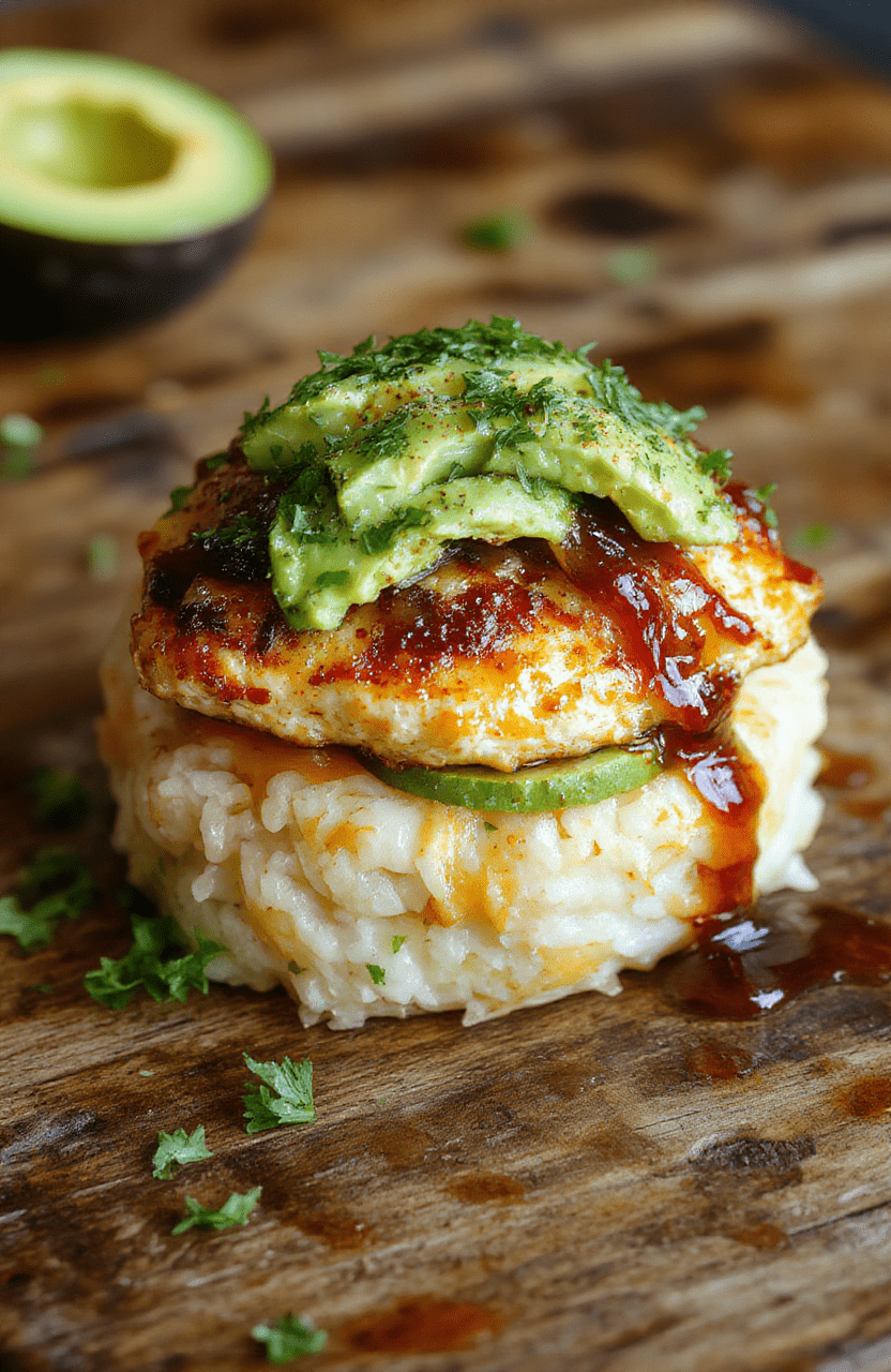 A vibrant plate featuring a perfectly layered stack of honey lime grilled chicken, creamy avocado slices, and fluffy rice, garnished with fresh lime and cilantro, all presented in a clean, modern style with bright lighting highlighting the fresh ingredients and colorful presentation.