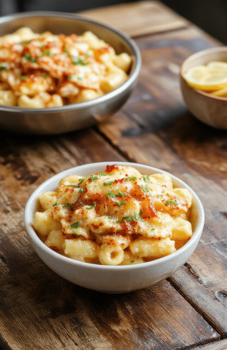 A vibrant plate of honey pepper chicken mac and cheese featuring golden-brown crispy chicken pieces coated in honey and black pepper, nestled atop creamy, cheesy macaroni, garnished with fresh herbs and black pepper. The dish is styled on a rustic wooden table with a colorful napkin, capturing textures of gooey cheese, tender chicken, and smooth pasta in a warm, inviting setting.