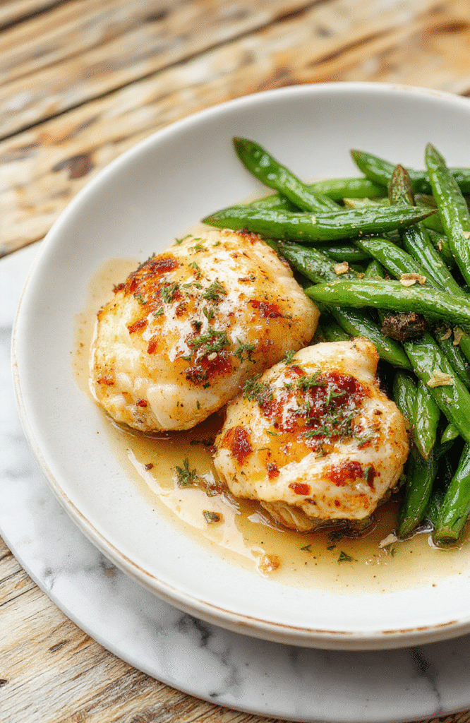 A vibrant plate featuring golden-brown lemon garlic butter chicken thighs topped with fresh herbs, accompanied by crisp green beans and lemon wedges, all beautifully plated on a rustic white ceramic dish, with a soft-focus background of natural light highlighting the juicy, crispy textures.