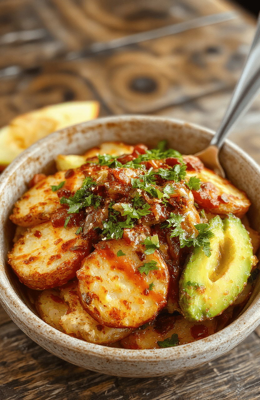A colorful loaded potato taco bowl featuring crispy potato chunks, melted cheese, fresh chopped tomatoes, scallions, sour cream topping, all arranged in a rustic bowl with vibrant ingredients, inviting textures, and a drizzle of salsa for added flavor, styled casually on a bright kitchen countertop.