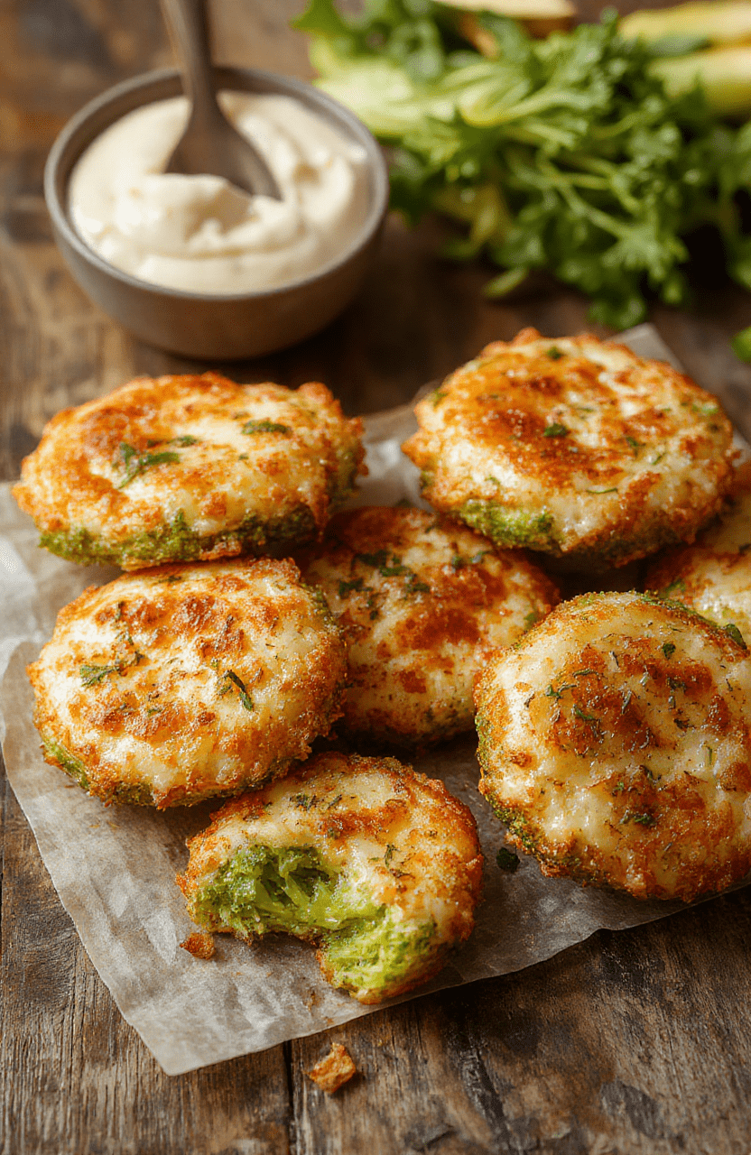 A close-up of golden-brown crispy broccoli cheese rounds arranged on a white plate. The rounds are topped with melted cheese and have a crunchy, textured exterior with vibrant green broccoli bits visible through the golden crust. The background features a rustic wooden surface with a slight blur, highlighting the appealing color contrast and inviting texture of the snack.