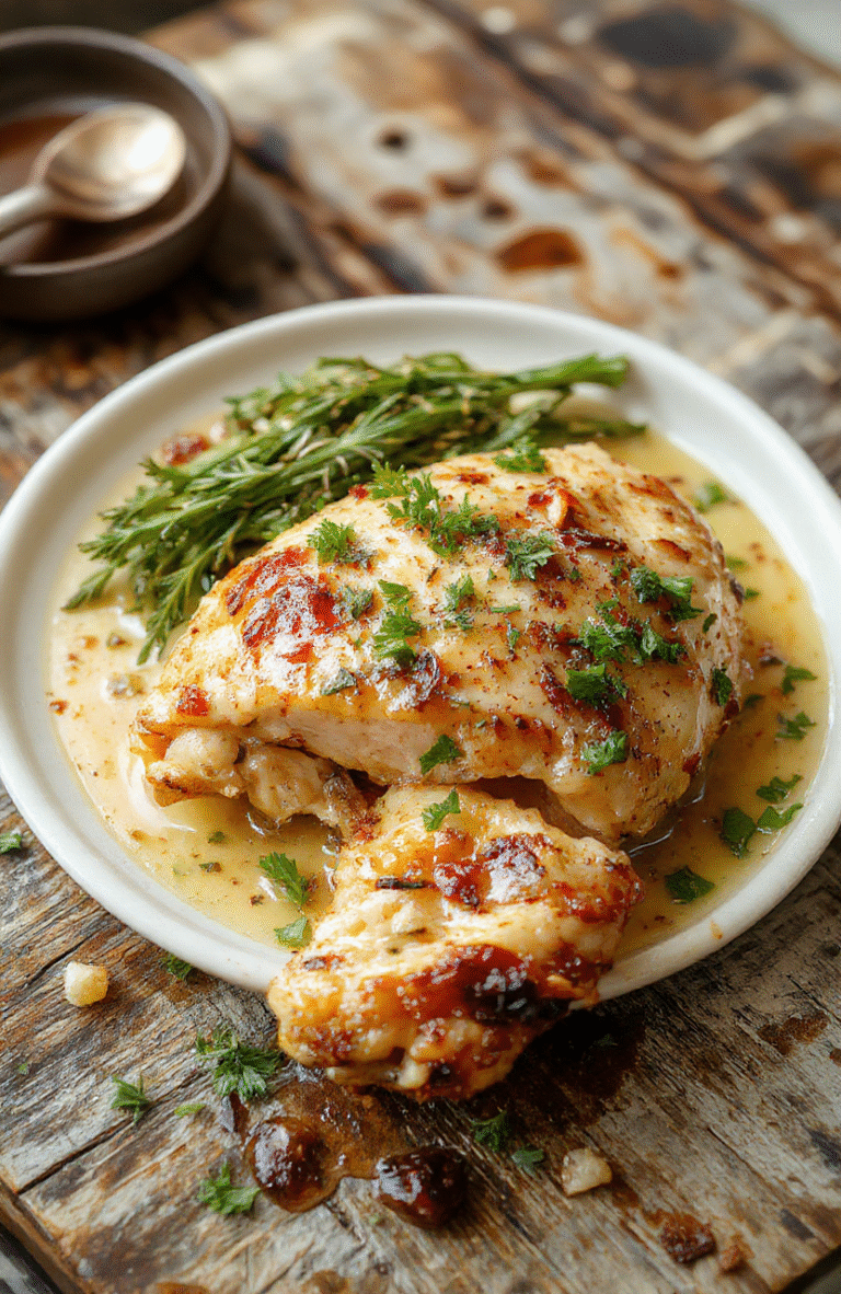 A close-up of tender, golden-brown garlic butter chicken pieces glazed with melted butter, garnished with chopped parsley and served on a rustic white plate. The dish features a glossy, flavorful sauce, with crispy edges on the chicken, and is styled simply on a wooden table with soft natural light highlighting its juicy texture and aromatic herbs.