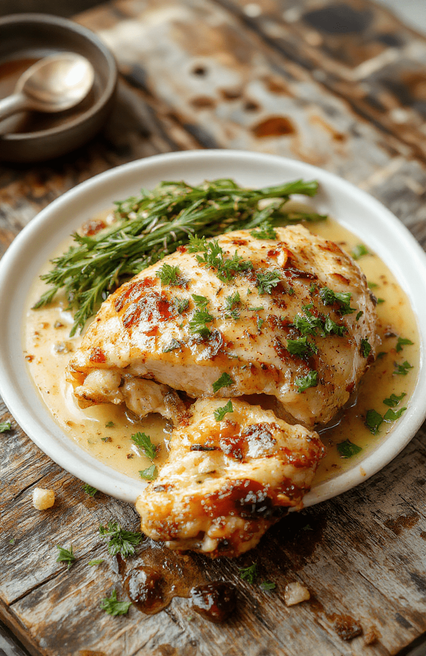 A close-up of tender, golden-brown garlic butter chicken pieces glazed with melted butter, garnished with chopped parsley and served on a rustic white plate. The dish features a glossy, flavorful sauce, with crispy edges on the chicken, and is styled simply on a wooden table with soft natural light highlighting its juicy texture and aromatic herbs.