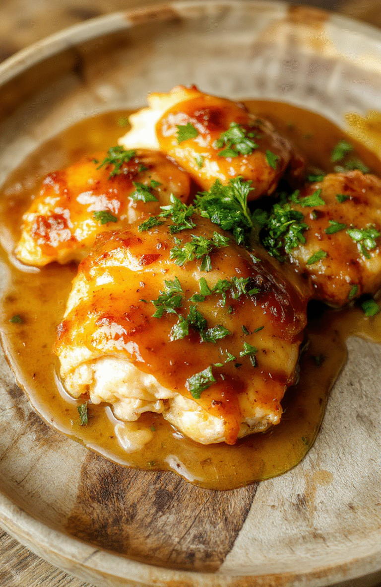 A juicy honey butter glazed chicken breast on a rustic wooden plate, garnished with fresh herbs, surrounded by small bowls of honey, butter, and herbs, with a soft-focus background of a cozy kitchen setting.