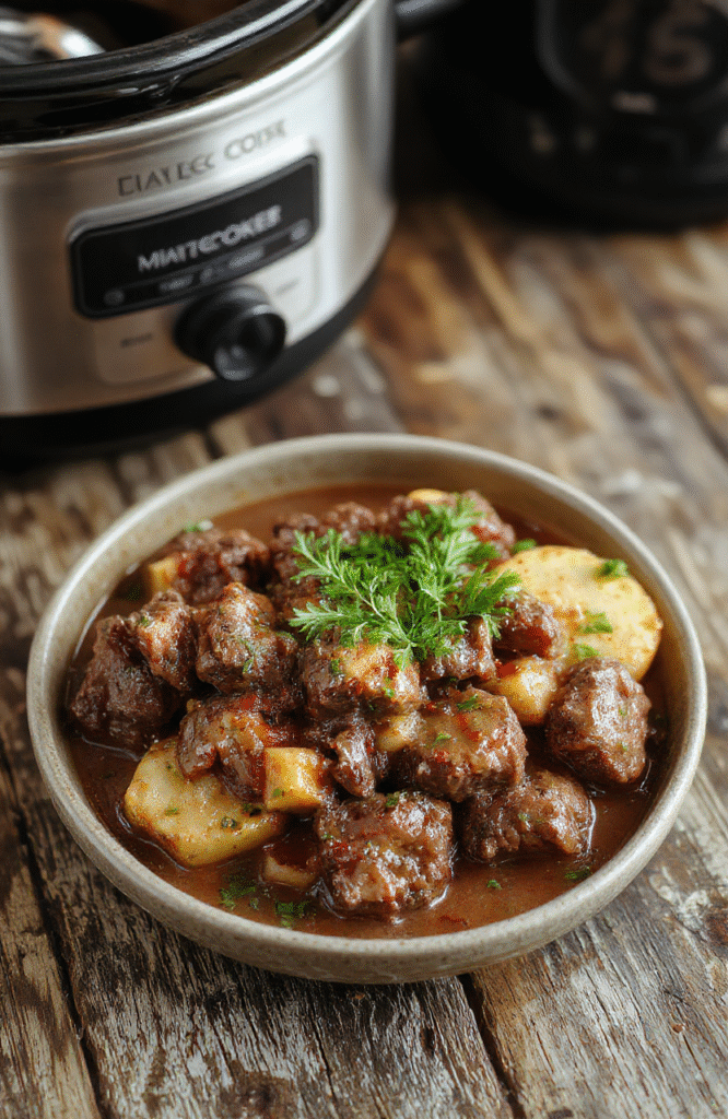 A rich, savory beef bourguignon served in a rustic bowl with tender beef chunks, vibrant carrots, and pearl onions immersed in a glossy red wine sauce, garnished with fresh herbs, presented on a wooden table with a cozy, inviting ambiance.