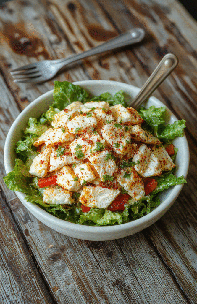 Colorful and creamy chicken salad arranged on a white platter with fresh vegetables and herbs, served with a side of crusty bread. The salad has tender shredded chicken, bits of celery, and bits of mayonnaise, topped with a sprinkle of chopped herbs. The presentation emphasizes freshness, with vibrant greens and reds contrasting against the creamy texture, styled in a casual, inviting setting.