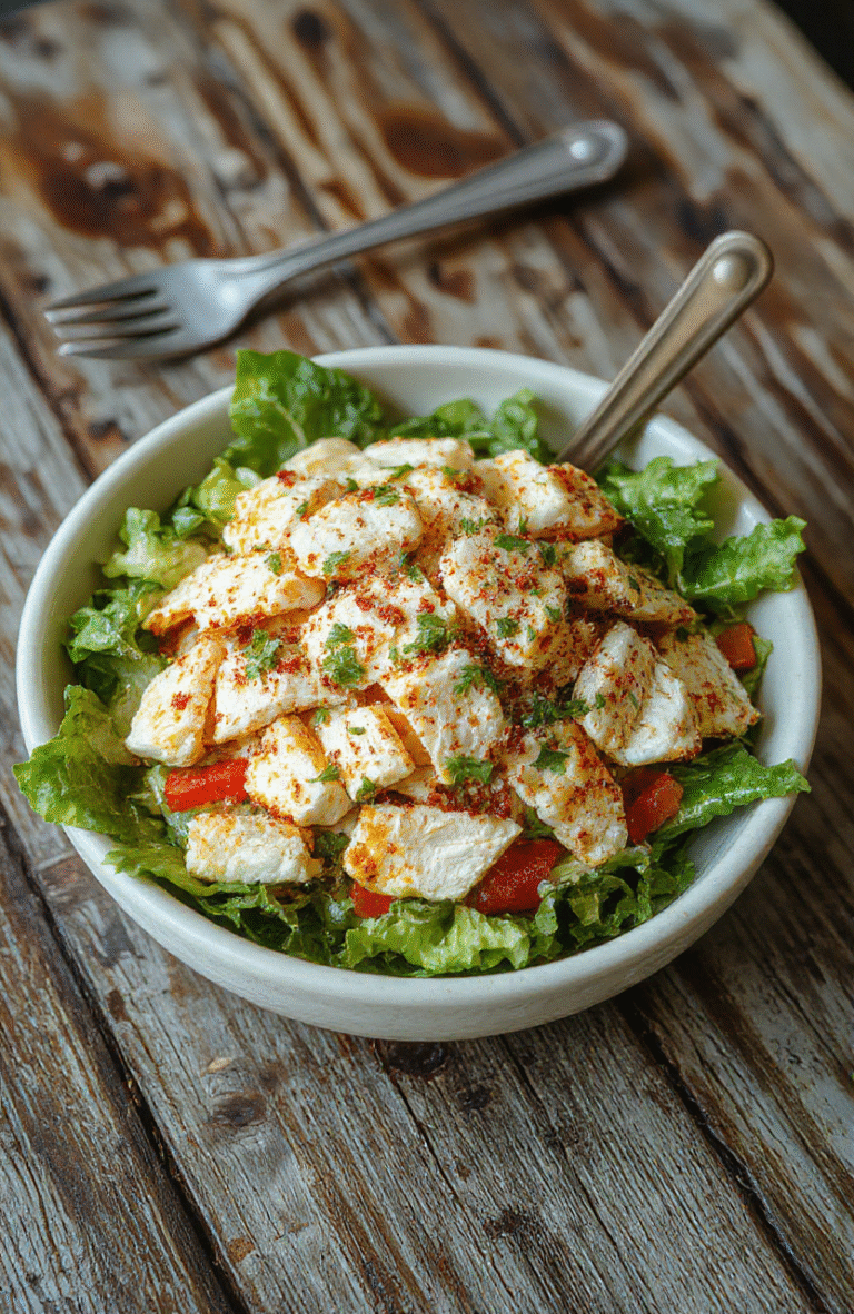 Colorful and creamy chicken salad arranged on a white platter with fresh vegetables and herbs, served with a side of crusty bread. The salad has tender shredded chicken, bits of celery, and bits of mayonnaise, topped with a sprinkle of chopped herbs. The presentation emphasizes freshness, with vibrant greens and reds contrasting against the creamy texture, styled in a casual, inviting setting.