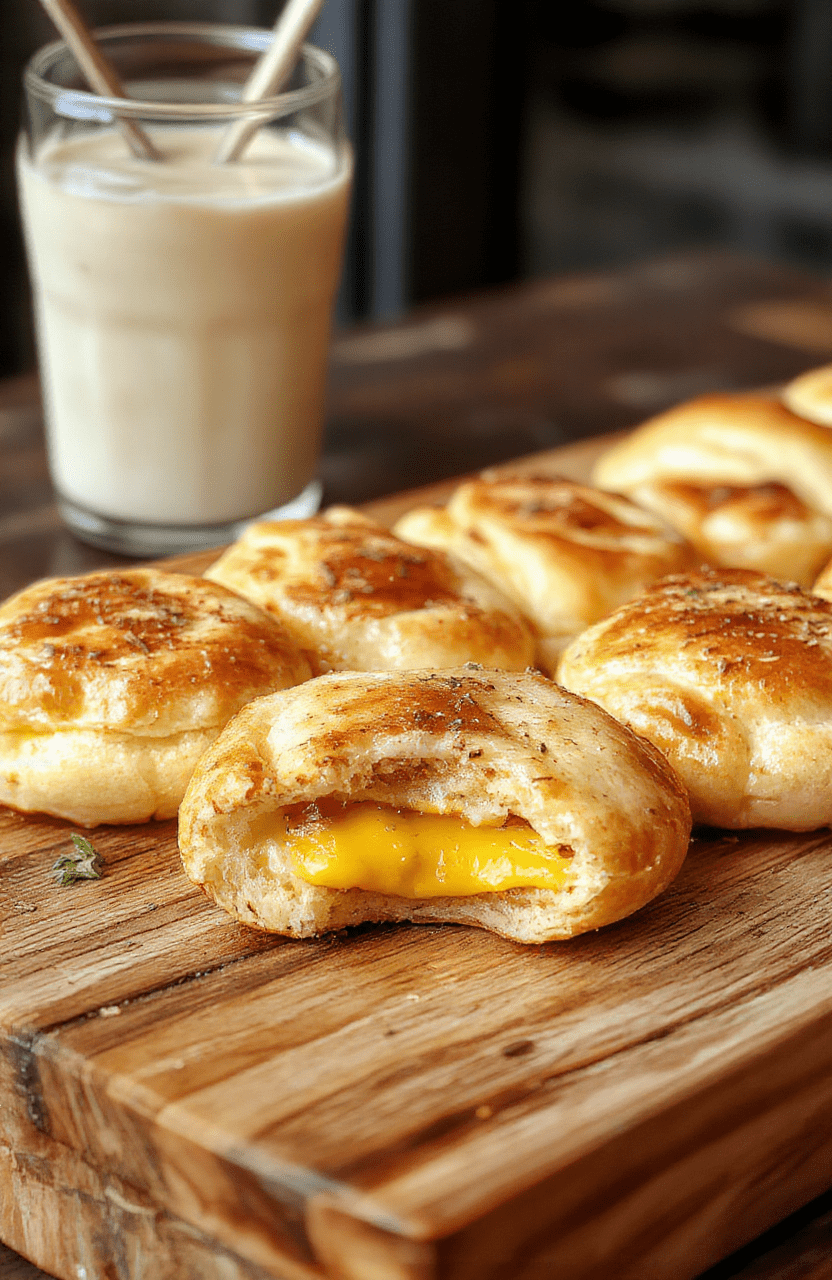 A close-up of golden-brown mini grilled cheese sandwiches made with soft Hawaiian rolls, melted cheese oozing out, garnished lightly with fresh herbs, arranged on a rustic wooden platter with vibrant colors and textures highlighting the crispy edges and gooey cheese.