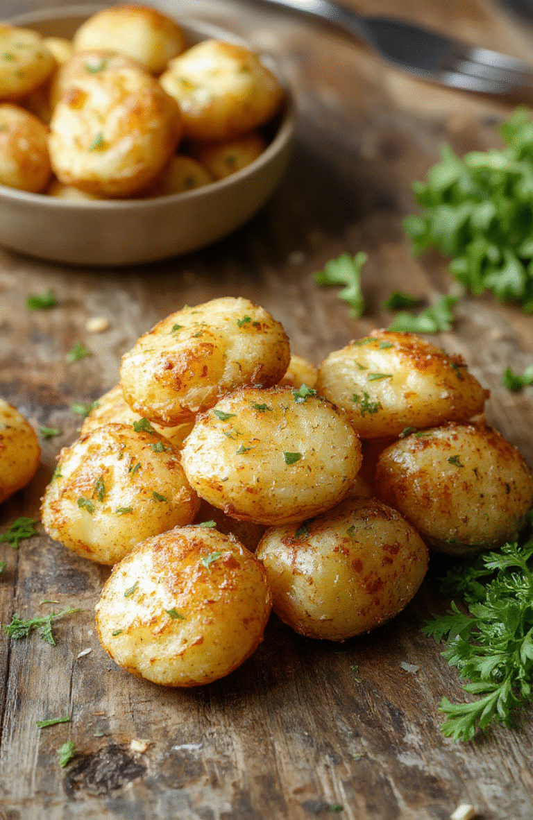 A close-up of crispy golden mini potato bites arranged on a white plate, garnished with fresh herbs. The potatoes have a crunchy exterior with soft, fluffy insides, served with a creamy dipping sauce. The background features a rustic wooden table with a hint of greenery, styled for a casual, inviting presentation.