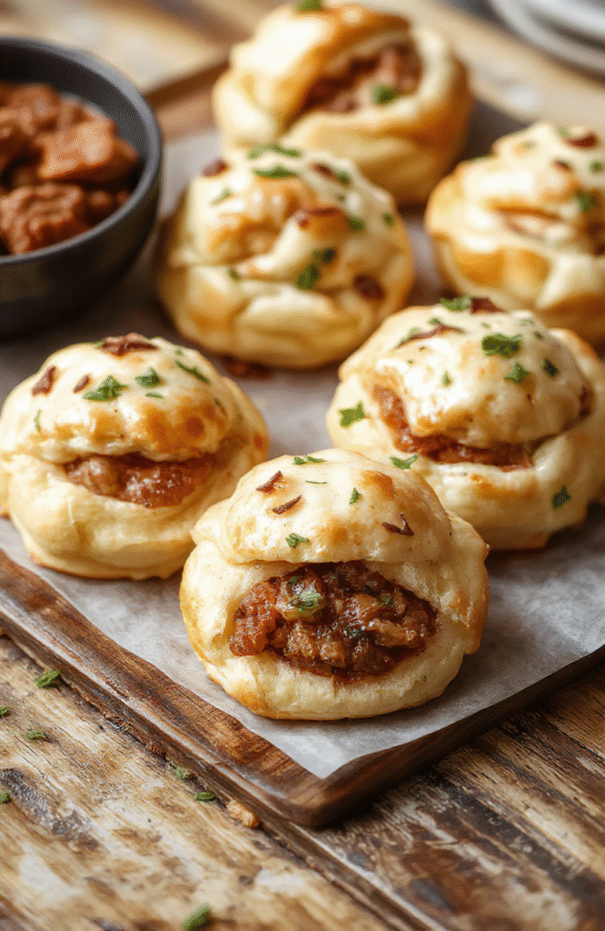 Golden brown pastry puffs filled with tender pulled beef, arranged on a rustic plate with fresh herbs and a dipping sauce, steam rising gently, vibrant and appetizing presentation with crispy textures and juicy filling visuals.