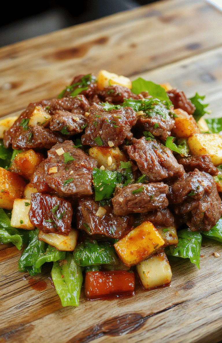 A vibrant plate of beef stir fry featuring tender sliced beef, colorful bell peppers, broccoli, and carrots, glistening with a savory sauce, artfully arranged on a white ceramic plate with fresh green herbs garnishing the top, set against a rustic wooden table background.