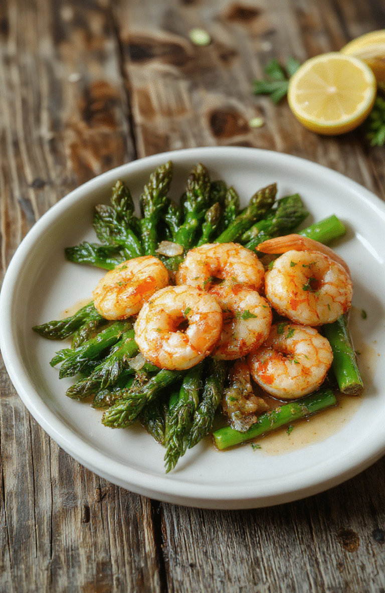 A vibrant plate of lemon garlic shrimp and tender asparagus spears arranged artfully on a white ceramic plate, garnished with fresh herbs, with a lemon wedge and garlic cloves nearby. The shrimp glisten with a citrus-infused glaze, and the asparagus has a slight char, adding smoky texture. The background features a rustic wooden table with a soft-focus kitchen setting, highlighting the fresh ingredients and appetizing presentation.