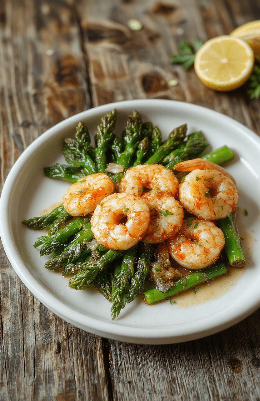 A vibrant plate of lemon garlic shrimp and tender asparagus spears arranged artfully on a white ceramic plate, garnished with fresh herbs, with a lemon wedge and garlic cloves nearby. The shrimp glisten with a citrus-infused glaze, and the asparagus has a slight char, adding smoky texture. The background features a rustic wooden table with a soft-focus kitchen setting, highlighting the fresh ingredients and appetizing presentation.