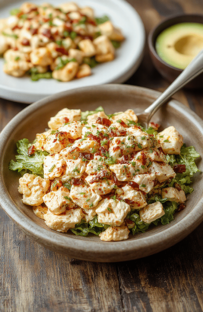 Colorful southwest chicken salad served in a white bowl, topped with fresh avocado slices, cherry tomatoes, black beans, corn, and shredded chicken, drizzled with creamy dressing, vibrant ingredients with varied textures, styled simply on a rustic wooden table.