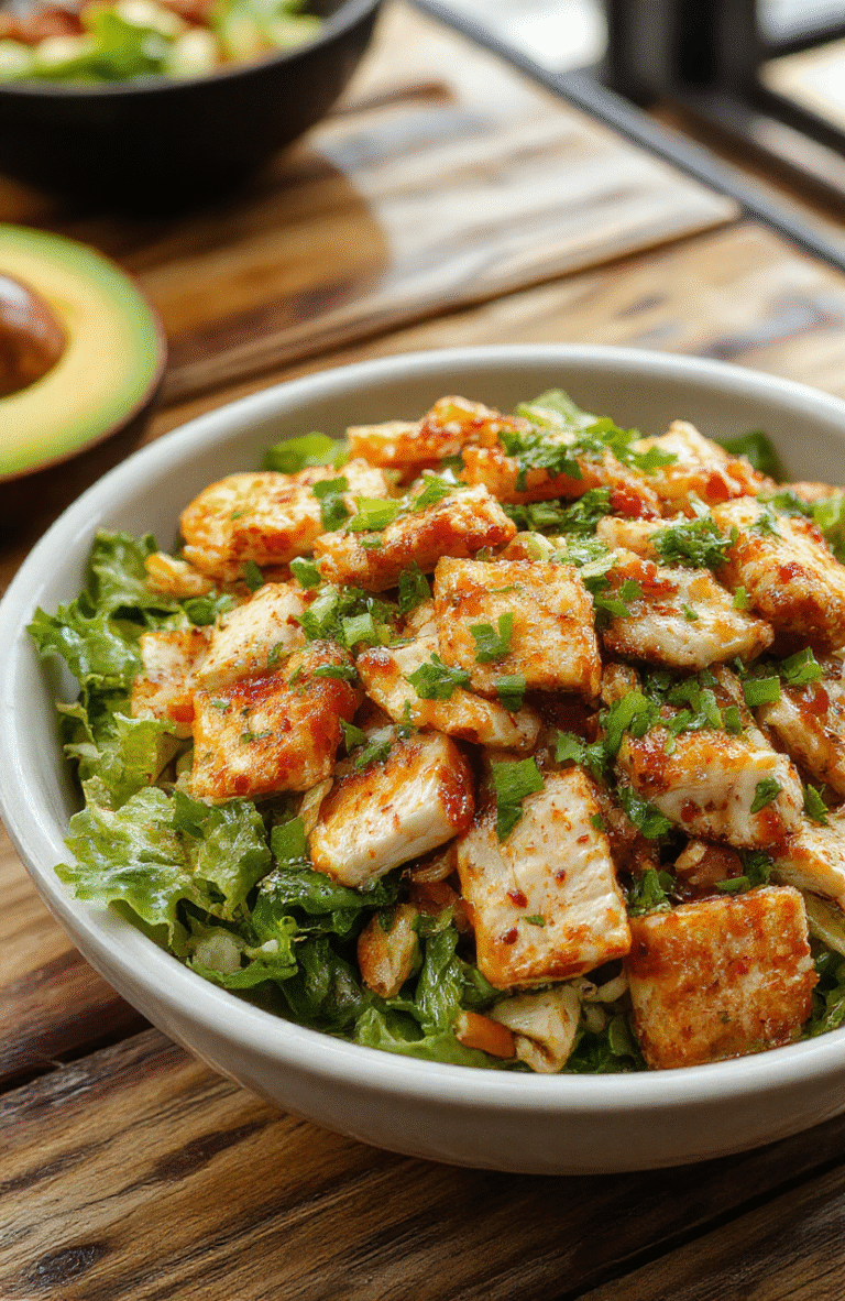 A vibrant Asian chicken salad served in a white bowl, featuring colorful shredded chicken, crisp vegetables, and toasted sesame seeds, bathed in a light dressing. The salad is arranged neatly with fresh greens, julienned carrots, and chopped scallions, styled to look fresh and appetizing, with a colorful background blurred to emphasize the texture and freshness of the ingredients.