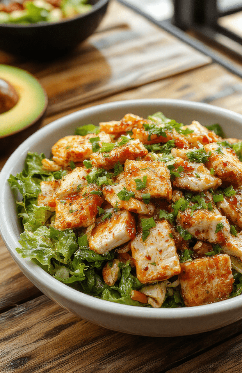 A vibrant Asian chicken salad served in a white bowl, featuring colorful shredded chicken, crisp vegetables, and toasted sesame seeds, bathed in a light dressing. The salad is arranged neatly with fresh greens, julienned carrots, and chopped scallions, styled to look fresh and appetizing, with a colorful background blurred to emphasize the texture and freshness of the ingredients.