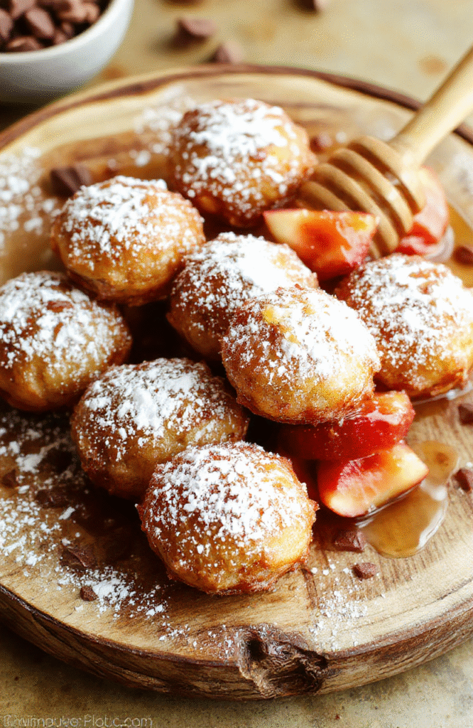 A vibrant plate of golden-brown bunuelos topped with powdered sugar, arranged neatly on a rustic wooden platter. The bunuelos have a crispy exterior with a soft, airy inside. Fresh fruit and a drizzle of honey adorn the presentation, styled with festive holiday elements and cozy background lighting.