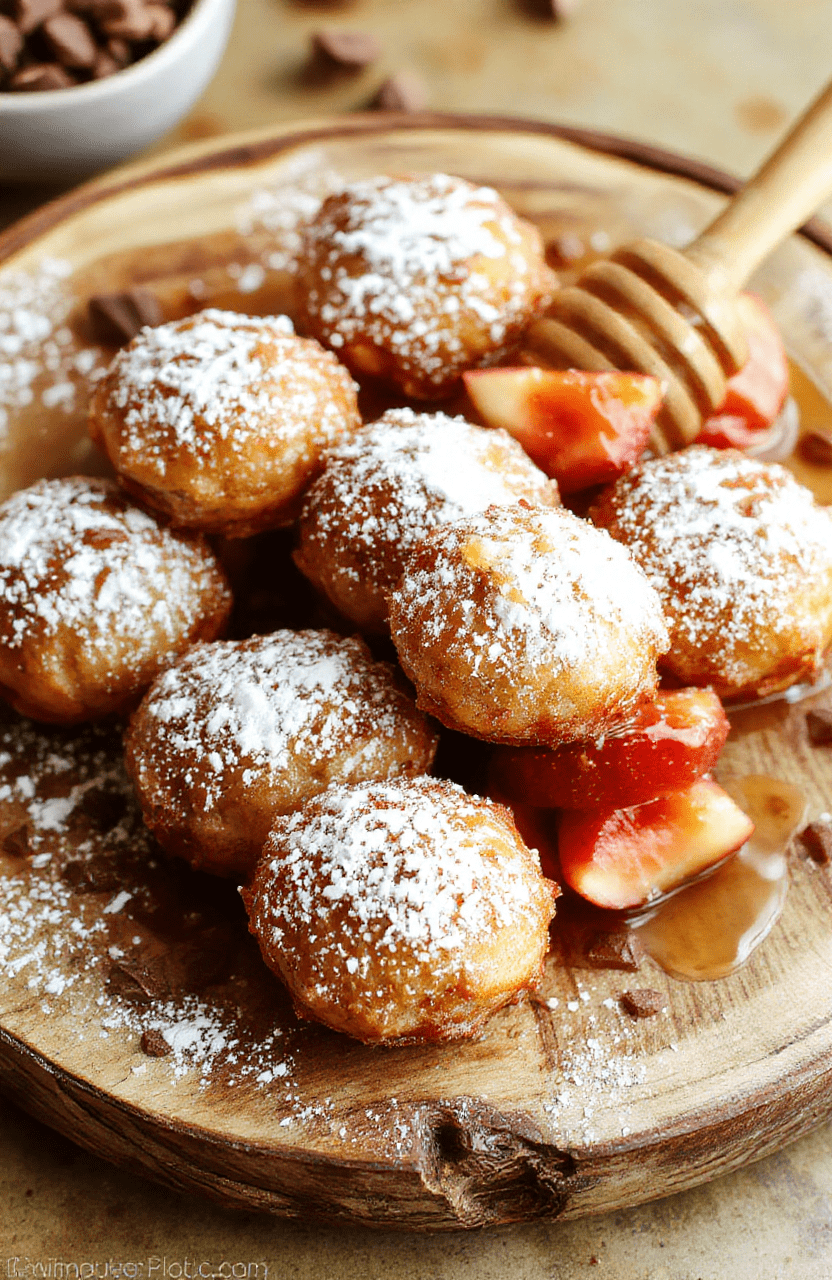 A vibrant plate of golden-brown bunuelos topped with powdered sugar, arranged neatly on a rustic wooden platter. The bunuelos have a crispy exterior with a soft, airy inside. Fresh fruit and a drizzle of honey adorn the presentation, styled with festive holiday elements and cozy background lighting.