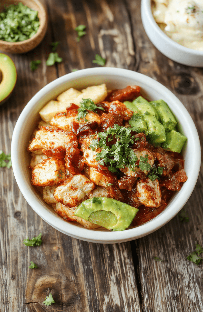 A colorful plate featuring a chicken fajita burrito bowl with grilled chicken strips, vibrant bell peppers, onions, and fresh cilantro on a rustic wooden surface, garnished with lime wedges and shredded cheese, showcasing a textured mix of flavors and vibrant colors, styled casually for an inviting and appetizing look.