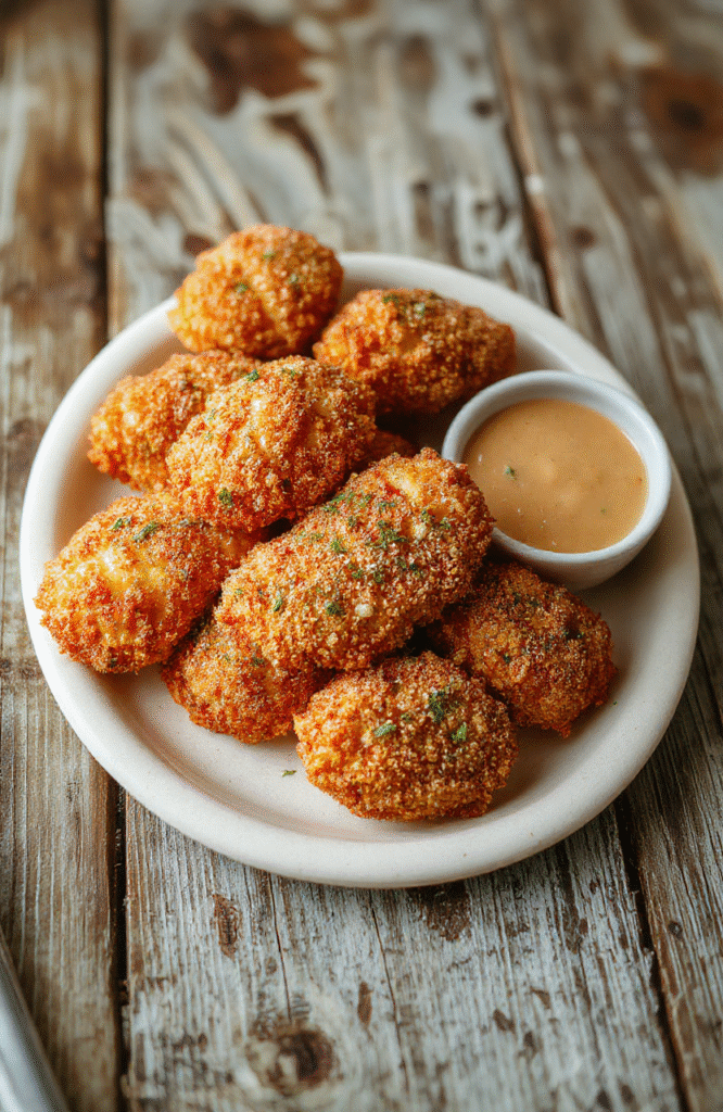 A vibrant close-up of crispy chicken tenders coated in golden breading, served on a white plate with sprigs of fresh herbs, accompanied by a small bowl of dipping sauce, set on a rustic wooden table with soft natural light highlighting the textures and colors.