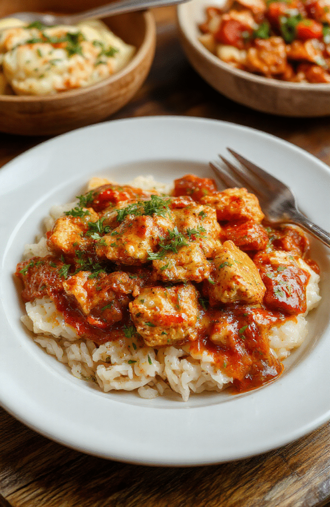 A vibrant plate of golden-brown butter chicken pieces coated in rich gravy, garnished with fresh cilantro, served on a rustic white plate with a side of fluffy rice and colorful vegetables, styled simply with a wooden background and soft natural light highlighting the tender textures and glossy sauce.