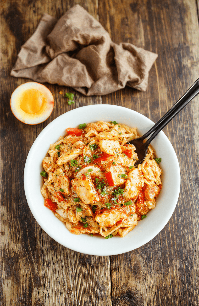 A vibrant plate of homemade chicken chow mein featuring tender chicken strips, colorful vegetables, and saucy noodles neatly arranged on a white ceramic dish. The dish showcases a glossy, savory glaze, topped with sliced green onions and sesame seeds. The background includes a rustic wooden table and chopsticks, highlighting an inviting Asian-inspired meal with textured noodles and fresh ingredients.