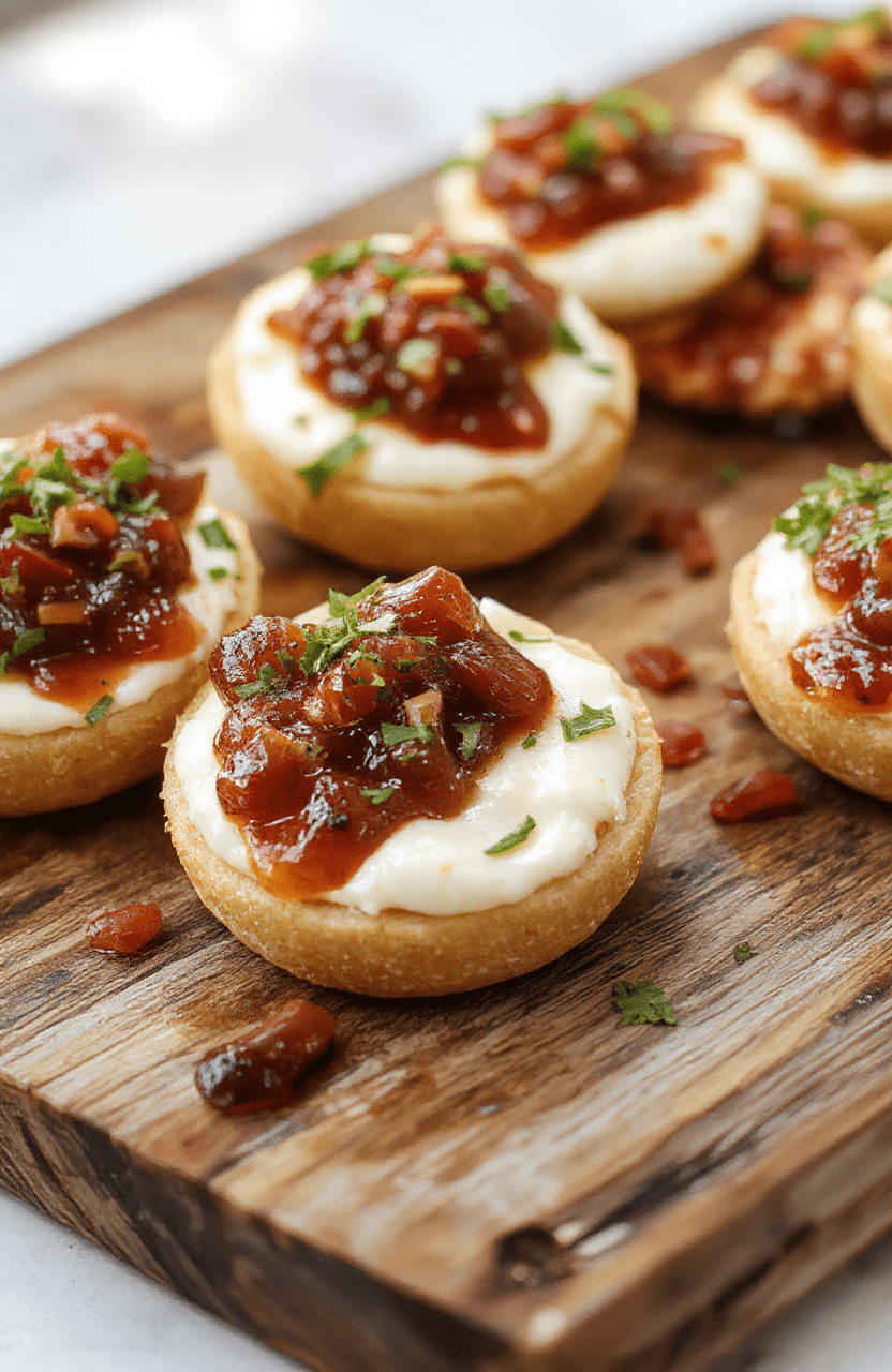 A vibrant plate featuring a smooth, creamy cream cheese topped with glossy, red pepper jelly, garnished with chopped herbs. The dip is served with crisp crackers and fresh vegetable sticks, arranged on a rustic wooden platter with colorful garnishes and soft natural lighting highlighting the glossy textures and inviting colors.