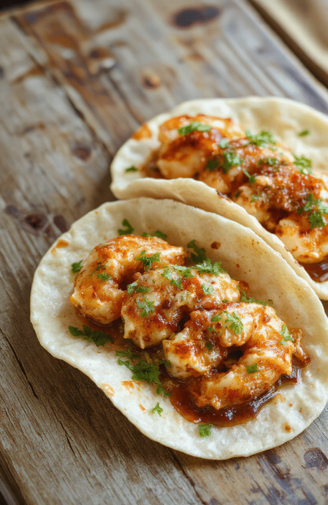 Colorful shrimp tacos arranged on a vibrant plate, topped with fresh shredded lettuce, diced tomatoes, and a drizzle of creamy sauce. The tacos are presented on a rustic wooden surface, highlighting the crispy taco shells and succulent shrimp, with a backdrop of fresh lime wedges and cilantro for garnish, creating a lively and appetizing scene.