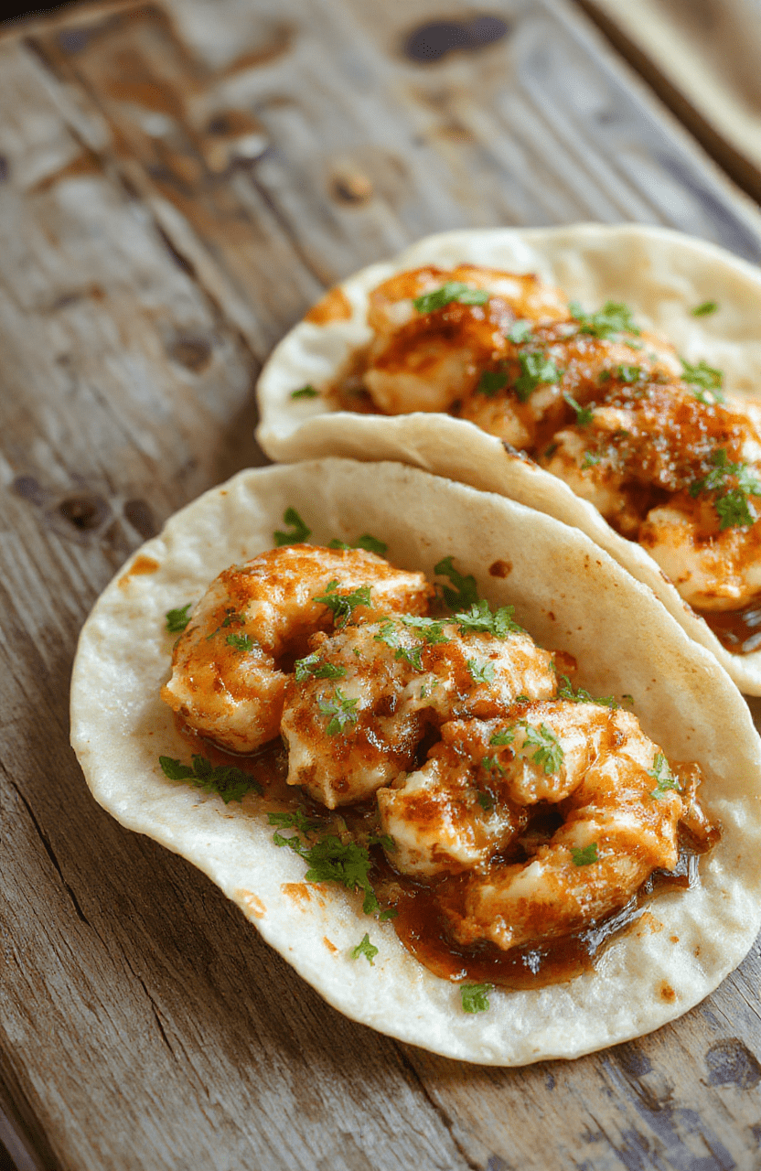 Colorful shrimp tacos arranged on a vibrant plate, topped with fresh shredded lettuce, diced tomatoes, and a drizzle of creamy sauce. The tacos are presented on a rustic wooden surface, highlighting the crispy taco shells and succulent shrimp, with a backdrop of fresh lime wedges and cilantro for garnish, creating a lively and appetizing scene.