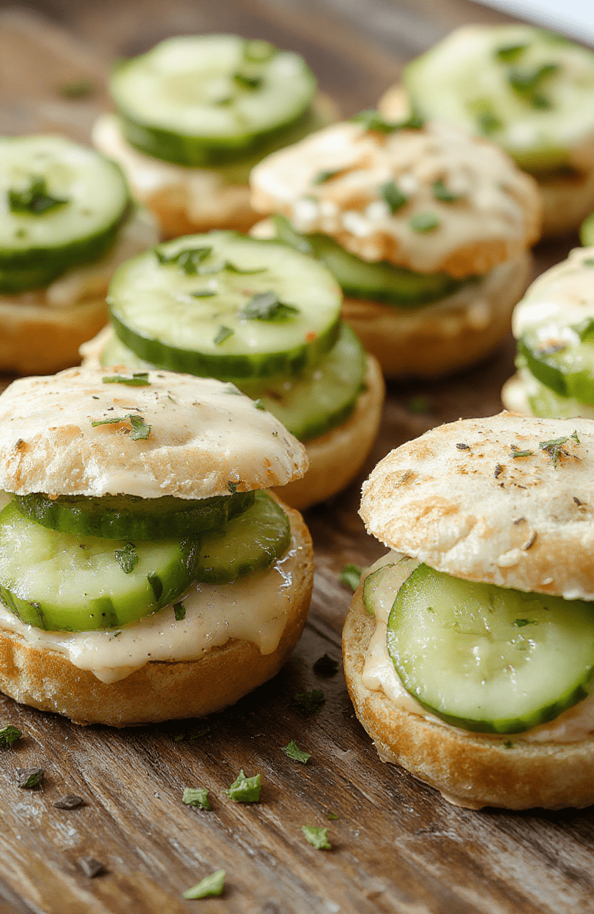 Colorful cucumber sandwiches neatly arranged on a white platter, featuring thinly sliced crisp cucumbers layered with cream cheese spread and fresh herbs, garnished with dill sprigs. The sandwiches have a vibrant green and white contrast, with textured cucumber slices and smooth cream cheese, styled simply on a rustic wooden surface with soft natural lighting highlighting their freshness.