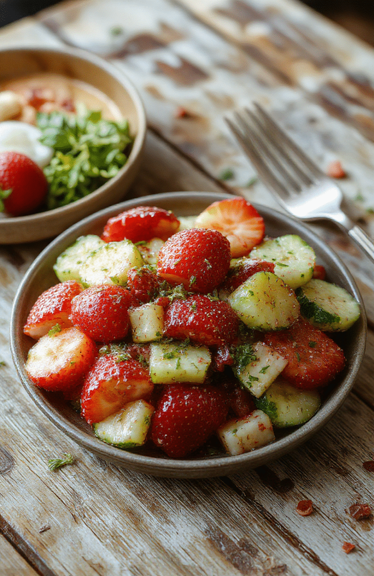 A vibrant summer salad featuring thinly sliced cucumbers and ripe strawberries arranged on a white plate. The salad is garnished with fresh mint leaves, and the colors pop with the bright reds and greens against the light background. The textured cucumber slices and juicy strawberries create an inviting, fresh look, styled with a drizzle of honey and a sprinkle of black pepper for visual contrast.