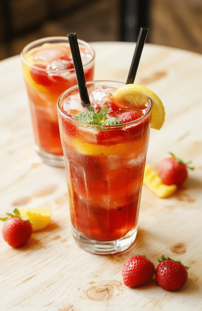 A vibrant glass of frozen mango strawberry lemonade garnished with fresh strawberries and lemon slices, with a frosty texture reflecting light, served on a bright white plate with colorful fruit pieces and mint leaves, styled for a cheerful summer vibe.