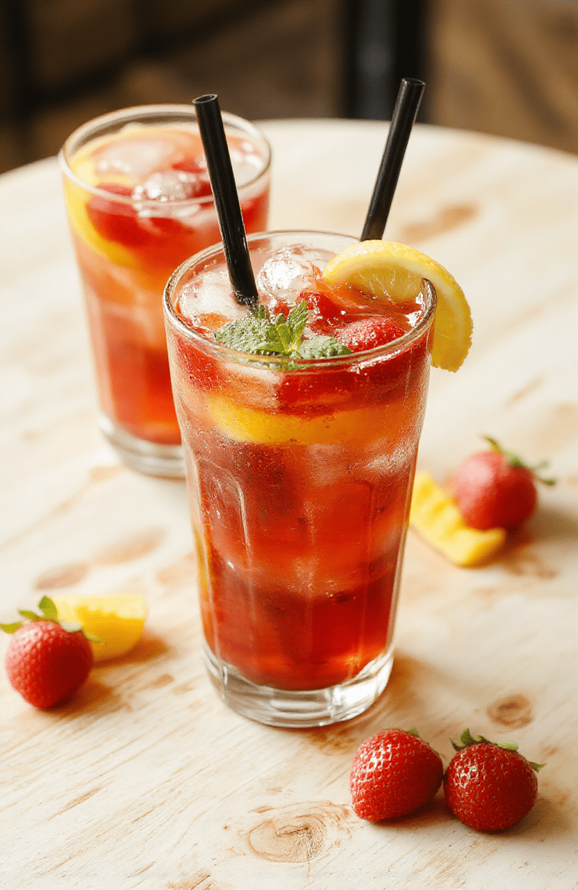 A vibrant glass of frozen mango strawberry lemonade garnished with fresh strawberries and lemon slices, with a frosty texture reflecting light, served on a bright white plate with colorful fruit pieces and mint leaves, styled for a cheerful summer vibe.