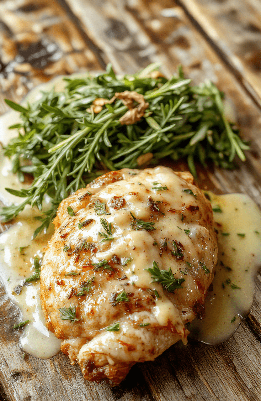 A vibrant plate of Rosemary Chicken Dijon featuring golden-brown chicken breasts topped with fresh rosemary sprigs and a creamy Dijon sauce, served alongside colorful roasted vegetables. The dish is plated on a rustic wooden table with a sprig of rosemary and lemon slices for garnish, showcasing textures from tender chicken to smooth sauce with a hint of green herbs.