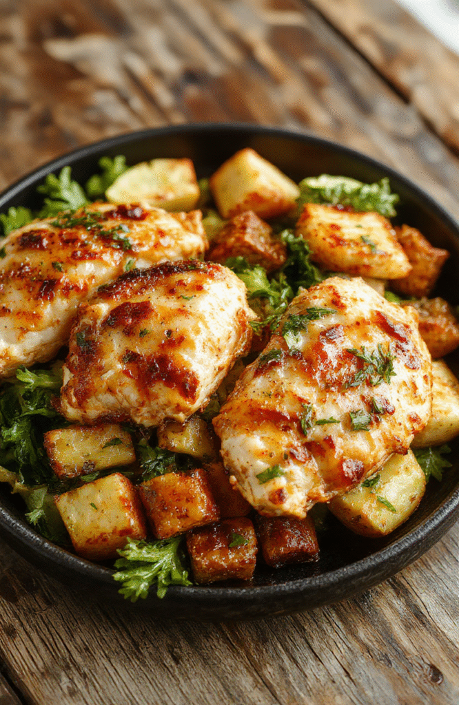 Colorful air fryer chicken breast and vibrant vegetables plated neatly on a white porcelain dish, with a crispy texture on the chicken and glossy, steamed vegetables, styled with minimal garnish on a rustic wooden table