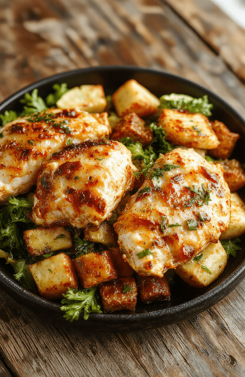 Colorful air fryer chicken breast and vibrant vegetables plated neatly on a white porcelain dish, with a crispy texture on the chicken and glossy, steamed vegetables, styled with minimal garnish on a rustic wooden table