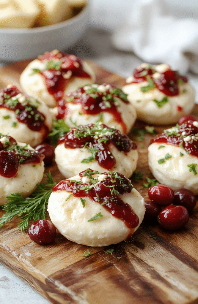 A close-up of golden-brown baked brie bites filled with vibrant red cranberries and melted cheese, arranged on a rustic wooden platter with fresh herbs and cranberries scattered around, styled with natural light highlighting the textures and colors.
