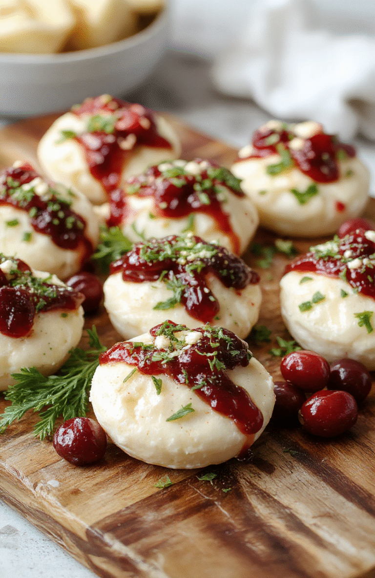 A close-up of golden-brown baked brie bites filled with vibrant red cranberries and melted cheese, arranged on a rustic wooden platter with fresh herbs and cranberries scattered around, styled with natural light highlighting the textures and colors.
