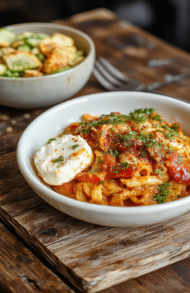 A vibrant plate of baked feta and veggie pasta featuring creamy feta cheese, colorful roasted vegetables, and al dente pasta, beautifully plated with fresh herbs on a rustic wooden table, styled casually for an inviting, homely look.