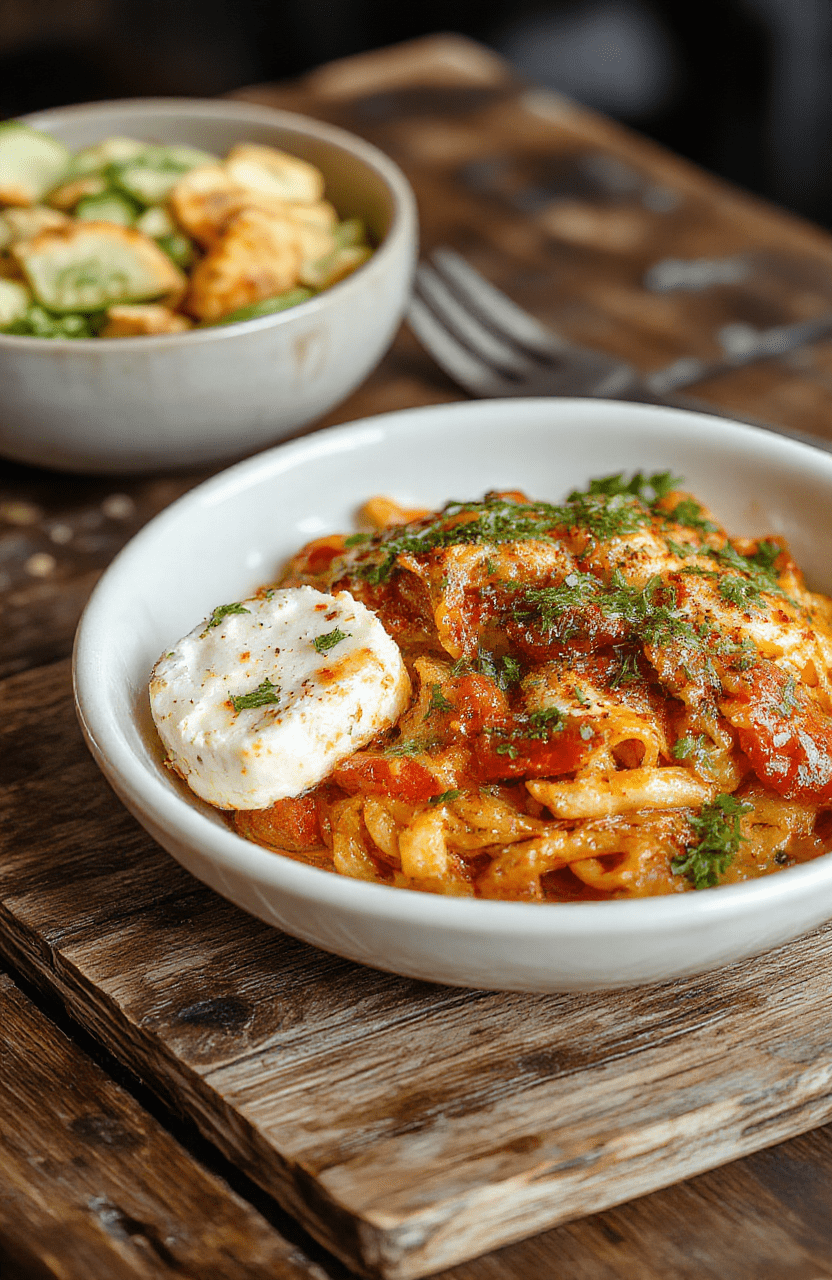A vibrant plate of baked feta and veggie pasta featuring creamy feta cheese, colorful roasted vegetables, and al dente pasta, beautifully plated with fresh herbs on a rustic wooden table, styled casually for an inviting, homely look.
