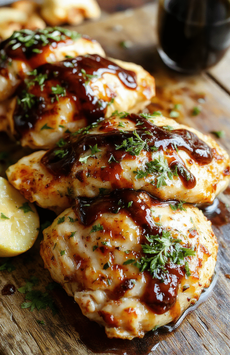 A beautifully plated baked balsamic chicken dish featuring golden-brown, tender chicken breasts glazed with a shiny balsamic reduction. Garnished with fresh herbs, served on a sleek white plate with a side of roasted vegetables, vibrant green herbs, and a drizzle of balsamic glaze, all styled on a rustic wooden table with natural light highlighting the glossy sauce and textured chicken.