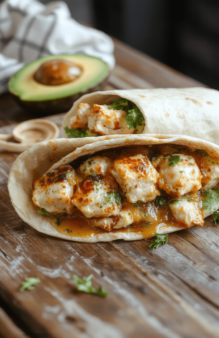 Colorful chicken avocado wrap sliced to reveal fresh green avocado, golden grilled chicken, and vibrant vegetables wrapped in a soft tortilla, styled on a rustic wooden table with a blurred background highlighting the appetizing textures.