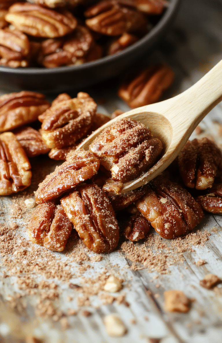 A close-up image of golden-brown cinnamon sugar pecans elegantly arranged on a rustic wooden plate with a sprinkle of cinnamon, showcasing their crunchy texture and glossy coating. Soft natural light highlights the cinnamon dusting and caramelized edges, styled simply with a few pecans scattered casually for an inviting, homemade feel.